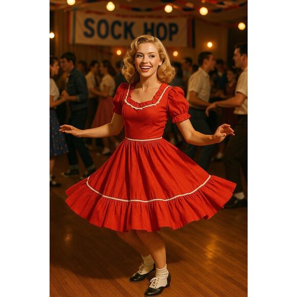 Handmade Dresses & Skirts - Vtg 70s Handmade Dress S Rockabilly Swing Ruffled Country Red Swiss Dot Sock-Hop